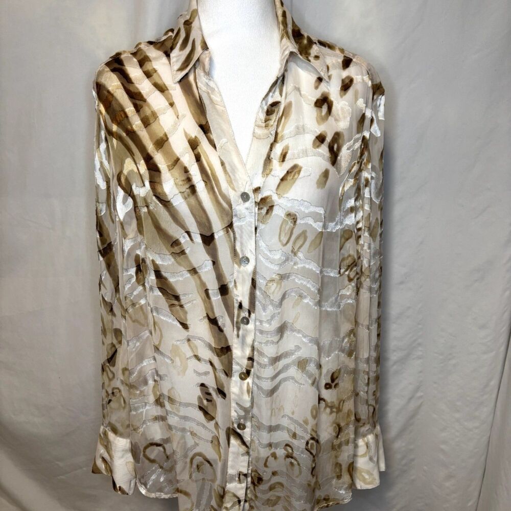 Chico's Sheer Animal Print Blouse Button Up Long Sleeve Collared Womens